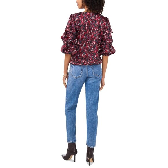Vince Camuto Women's Printed V-Neck Bubble Sleeve Top Black Red Size XL MSRP $89 - Picture 3 of 4